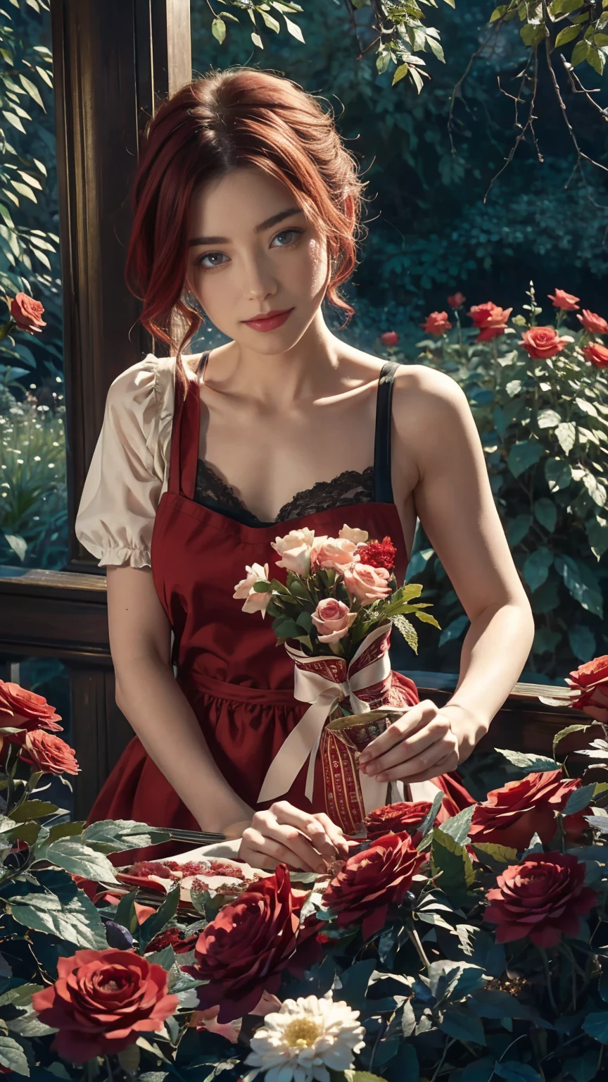 仙境世界的中心，一個年輕漂亮的紅白短髮女孩, 花店服裝和玫瑰圍裙. 從她的魔法花園剪下紅玫瑰. 好奇心, 愛的姿勢, 在仙境世界, 營造愛的氛圍, 她周圍的能量和魔法. 場景角度是動態的, 捕捉瞬間的強度, 優質綠眼, 眼睛看著相機, 超詳細, 美麗且美觀, 傑作, 最佳品質得分, (分形藝術: 1.3), 非常詳細 , 動態角度, 光線追蹤, 中體, 特寫, 粒子和強光, 美麗的紅玫瑰