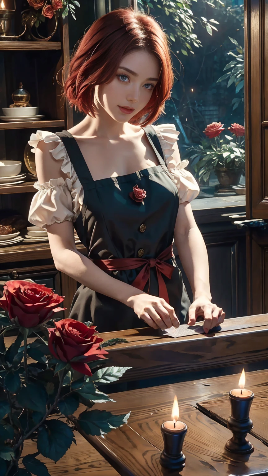 In the heart of the wonderland world a young beautiful girl with short red and white hair, florist clothing and rose apron. cutting red roses from her magical garden. curiosity, loving pose, in wonderland world, creates a loving atmosphere, energy and magic around her. The angle of the scene is dynamic, capturing the intensity of the moment, fine quality green eyes, eyes looking at the camera, ultra detailed, Beautiful and aesthetically pleasing, masterpiece, Best quality score, (fractal art: 1.3), Extremely detailed , dynamic angle, raytraced, middle body, close up, particles and hard lights, beautiful red roses