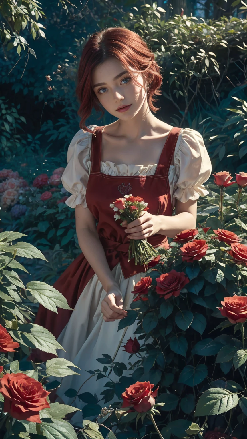 仙境世界的中心，一個年輕漂亮的紅白短髮女孩, 花店服裝和玫瑰圍裙. 從她的魔法花園剪下紅玫瑰. 好奇心, 愛的姿勢, 在仙境世界, 營造愛的氛圍, 她周圍的能量和魔力. 場景角度是動態的, 捕捉瞬間的強度, 優質綠眼, 眼睛看著相機, 超詳細, 美麗且美觀, 傑作, 最佳品質得分, (分形藝術: 1.3), 非常詳細 , 動態角度, 光線追蹤, 中體, 特寫, 粒子和強光, 美麗的紅玫瑰