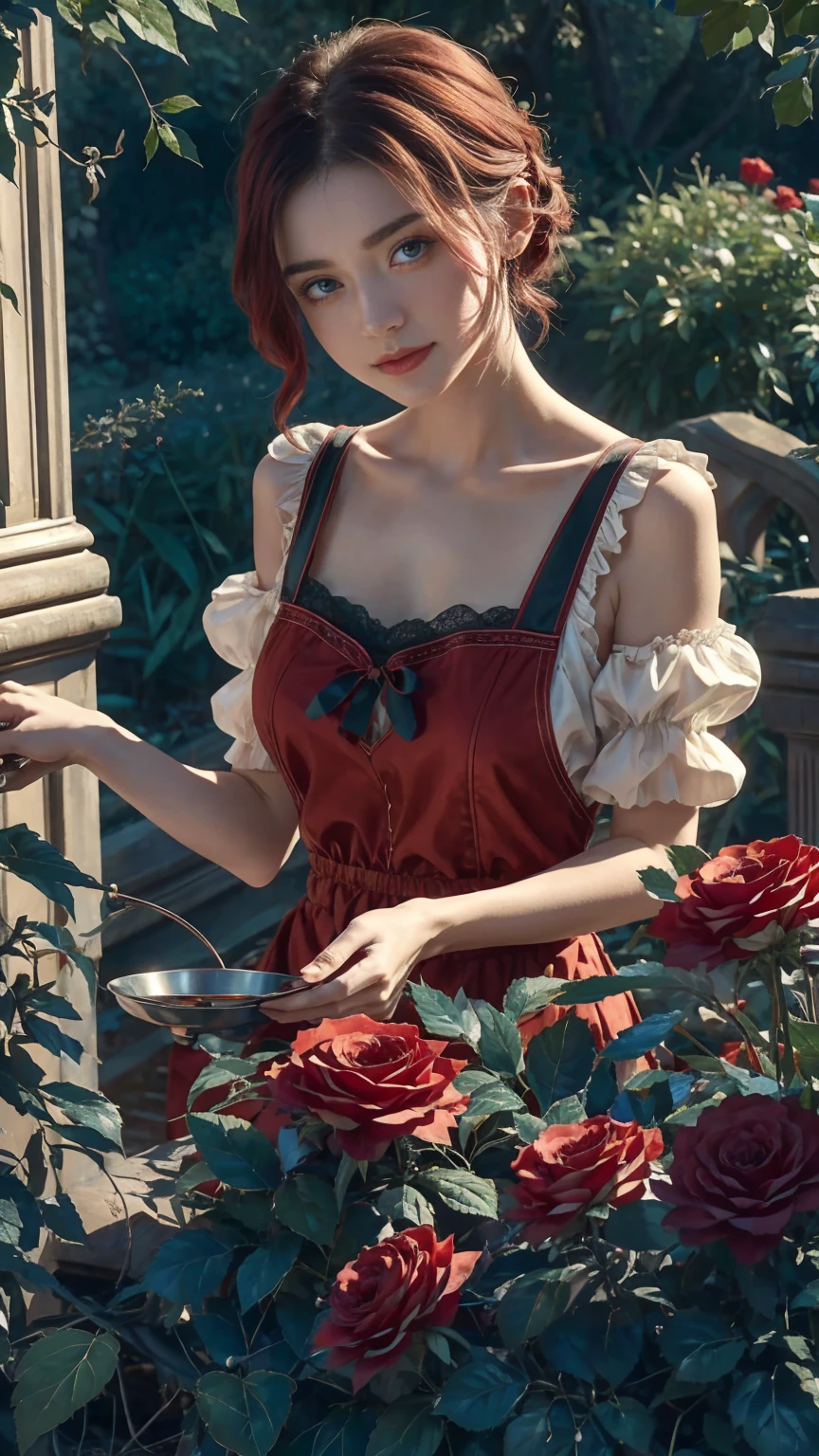 In the heart of the wonderland world a young beautiful girl with short red and white hair, florist clothing and rose apron. cutting red roses from her magical garden. curiosity, loving pose, in wonderland world, creates a loving atmosphere, energy and magic around her. The angle of the scene is dynamic, capturing the intensity of the moment, fine quality green eyes, eyes looking at the camera, ultra detailed, Beautiful and aesthetically pleasing, masterpiece, Best quality score, (fractal art: 1.3), Extremely detailed , dynamic angle, raytraced, face close up, close up, high view, particles and hard lights, beautiful red roses