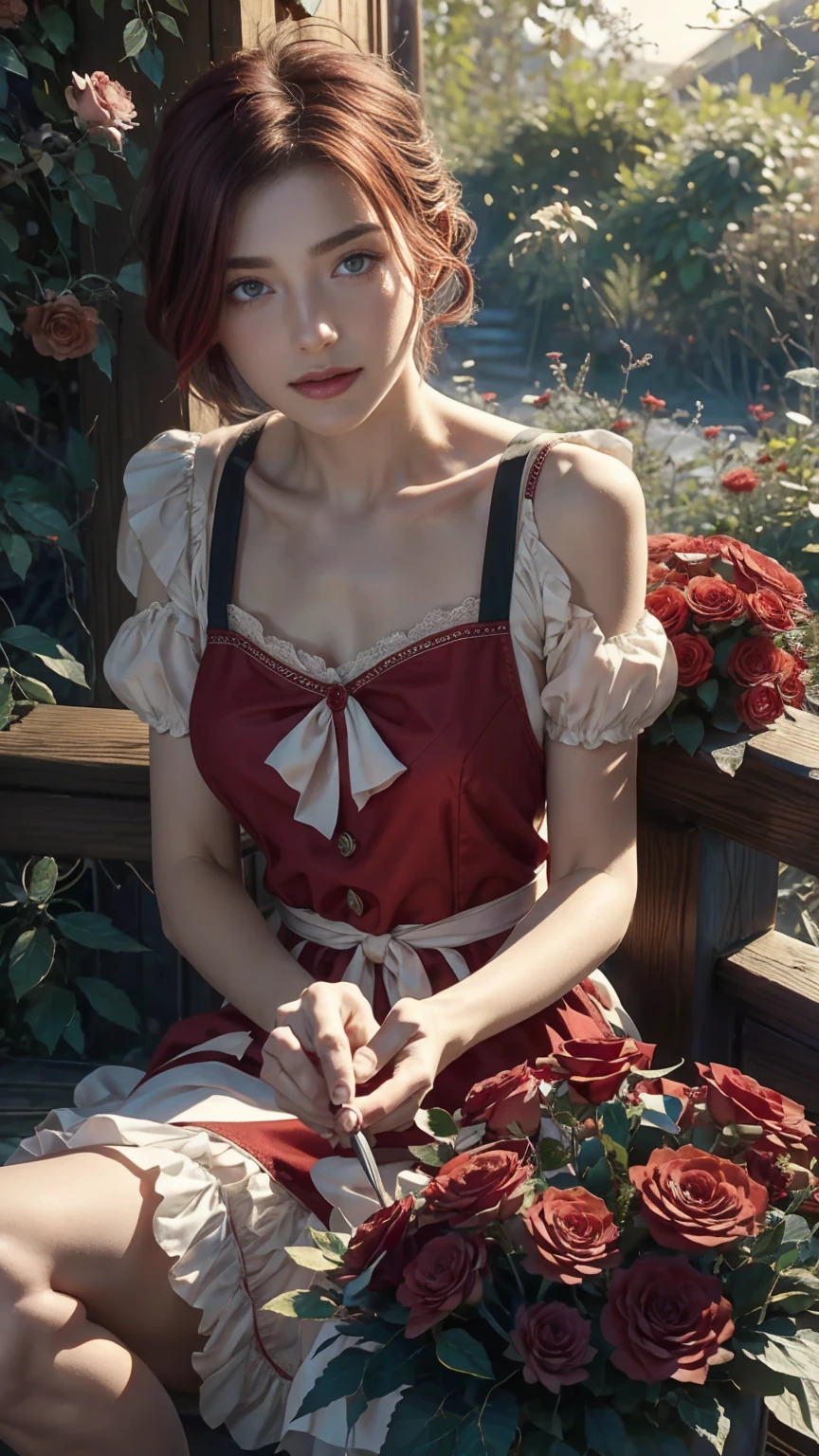In the heart of the wonderland world a young beautiful girl with short red and white hair, florist clothing and rose apron. cutting red roses from her magical garden. curiosity, loving pose, in wonderland world, creates a loving atmosphere, energy and magic around her. The angle of the scene is dynamic, capturing the intensity of the moment, fine quality green eyes, eyes looking at the camera, ultra detailed, Beautiful and aesthetically pleasing, masterpiece, Best quality score, (fractal art: 1.3), Extremely detailed , dynamic angle, raytraced, face close up, close up, high view, particles and hard lights, beautiful red roses