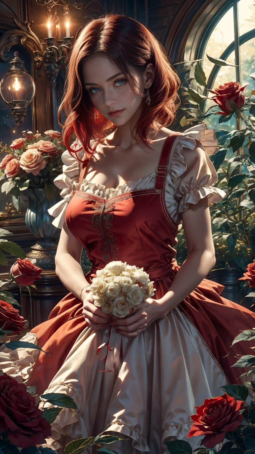 In the heart of the wonderland world a young beautiful girl with short red and white hair, florist clothing and rose apron. cutting red roses from her magical garden. curiosity, loving pose, in wonderland world, creates a loving atmosphere, energy and magic around her. The angle of the scene is dynamic, capturing the intensity of the moment, fine quality green eyes, eyes looking at the camera, ultra detailed, Beautiful and aesthetically pleasing, masterpiece, Best quality score, (fractal art: 1.3), Extremely detailed , dynamic angle, raytraced, face close up, close up, high view, particles and hard lights, beautiful red roses