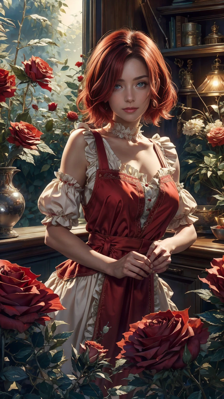 En el corazón del mundo del país de las maravillas, una joven hermosa con cabello corto rojo y blanco., ropa de floristería y delantal de rosas. cortando rosas rojas de su mágico jardín. curiosidad, Pose amorosa, en el mundo del país de las maravillas, crea una atmósfera amorosa, energía y magia a su alrededor. El ángulo de la escena es dinámico., Capturar la intensidad del momento, ojos verdes de buena calidad, ojos mirando a la camara, Ultra detallado, hermoso y esteticamente agradable, Obra maestra, Mejor puntuación de calidad, (fractal art: 1.3), extremadamente detallado , ángulo dinámico, trazado de rayos, face de cerca, de cerca, vista alta, partículas y luces duras, hermosas rosas rojas