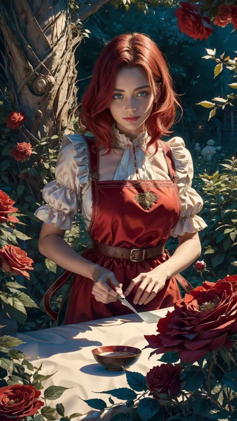 In the heart of the wonderland world a young beautiful girl with short red and white hair, florist clothing and rose apron. cutt...