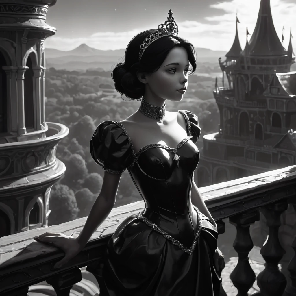 Adventure Time comics. Princess Buble Gum stands on the balcony of her palace. The background is A Landscape of the Candy Kingdom, chiaroscuro, high contrast, textured look, black and white still, digital Art, perfect composition, beautiful detailed intricate insanely detailed octane render trending on artstation, 8 k artistic photography, photorealistic concept art, soft natural volumetric cinematic perfect light, chiaroscuro, award - winning photograph, masterpiece, oil on canvas,, intricate details as seen in octane rendering, High Resolution, High Quality, Masterpiece