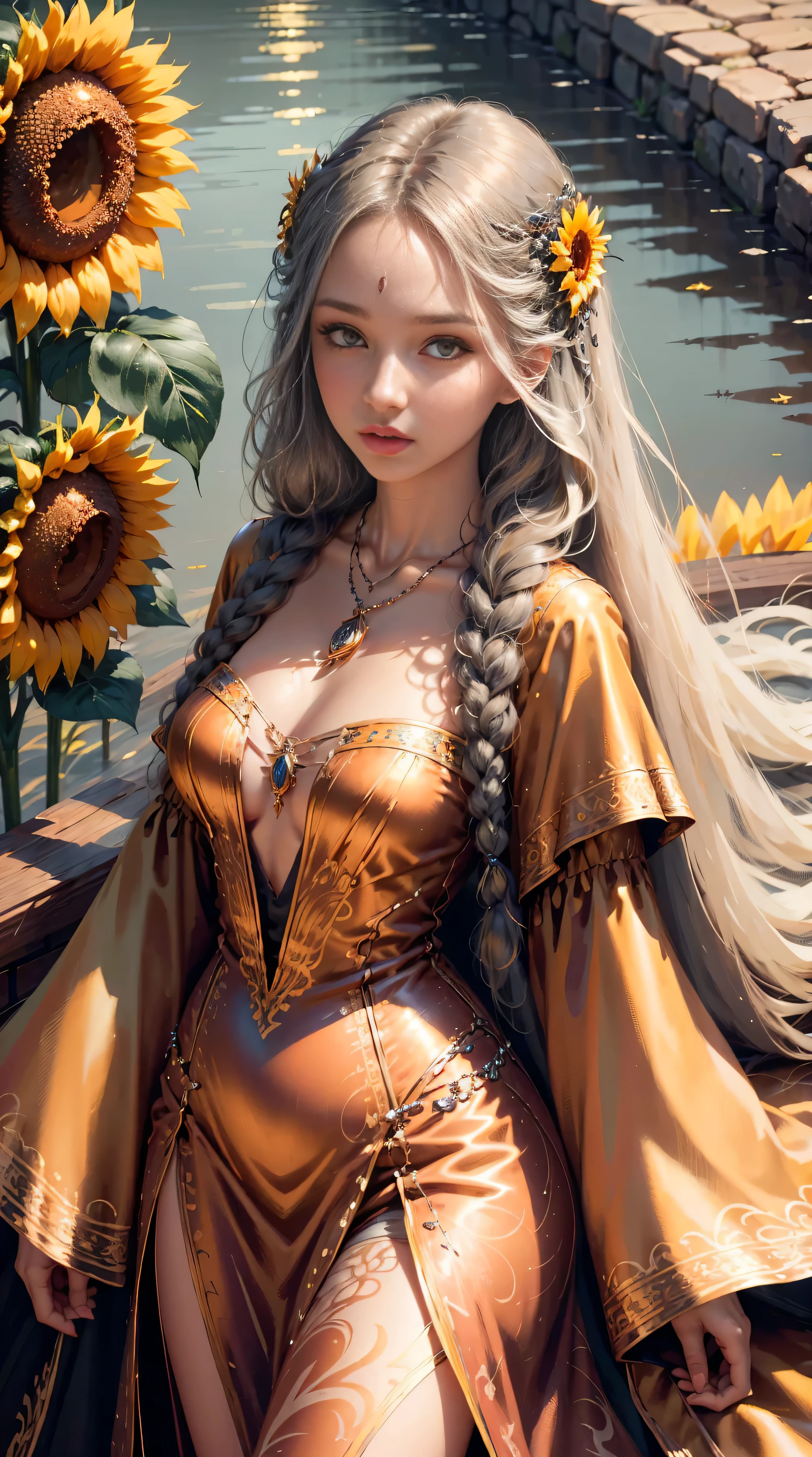 (  Absurdly , High quality , ultra detailed ) ,( hand detailed ) , 1girl, solo, mature, very long hair, sunflower hair , beautiful crystal eyes ( eye detailed ) Baroque, Necklace, long dress, long sleeve, elegant, colorful, highest detailed, upper body , with the river and sunflowers