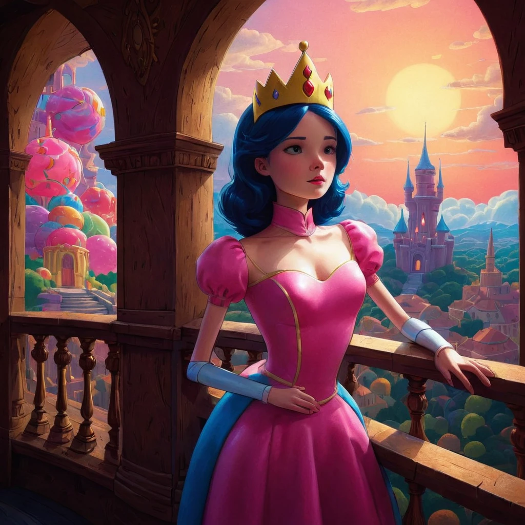 Adventure Time comics. Princess Buble Gum stands on the balcony of her palace. The background is A Landscape of the Candy Kingdom, chiaroscuro, high contrast, textured look, Ultra bright colors, digital Art, perfect composition, beautiful detailed intricate insanely detailed octane render trending on artstation, 8 k artistic photography, photorealistic concept art, soft natural volumetric cinematic perfect light, chiaroscuro, award - winning photograph, masterpiece, oil on canvas,, intricate details as seen in octane rendering, High Resolution, High Quality, Masterpiece