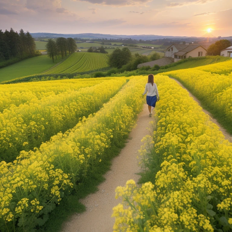 best quality，actual，real life，photography，masterpiece，best quality，，Terraces，Clear pattern，Rapeseed flowers，High-definition images，Structured，sunset，A farmer leads a cow on a field path