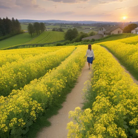 best quality，actual，real life，photography，masterpiece，best quality，，terraces，clear pattern，rapeseed flowers，high-definition imag...