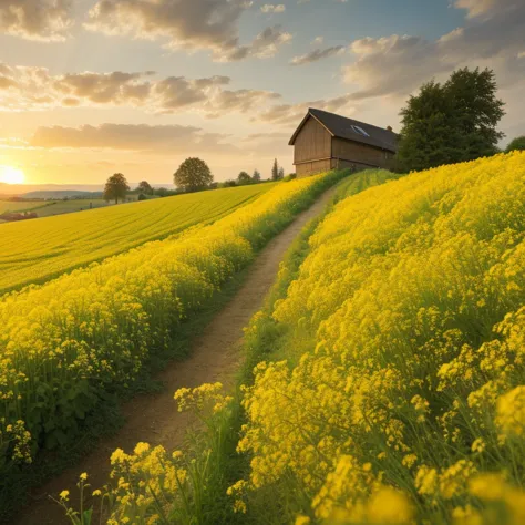 best quality，actual，real life，photography，masterpiece，best quality，，terraces，clear pattern，rapeseed flowers，high-definition imag...