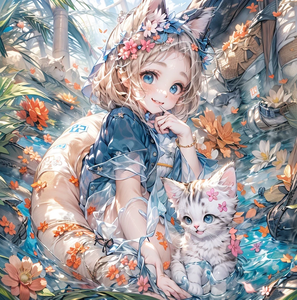 absurd, super detailed,bright colors,(8K:1.5),Masseter muscle part,cat paradise,heart mark,bright scenery、for that, Blue sky、very beautiful detailed face and eyes,(anthropomorphic cat:1.4)、(deep blue eyes:1.4) valley、pink skin、summer morning、A back alley with lots of flowers blooming、(cat pose),(The smile is too cute:1.3)、double teeth,