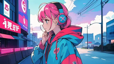 city pop　hoodie　girl　headphone　80&#39;s style