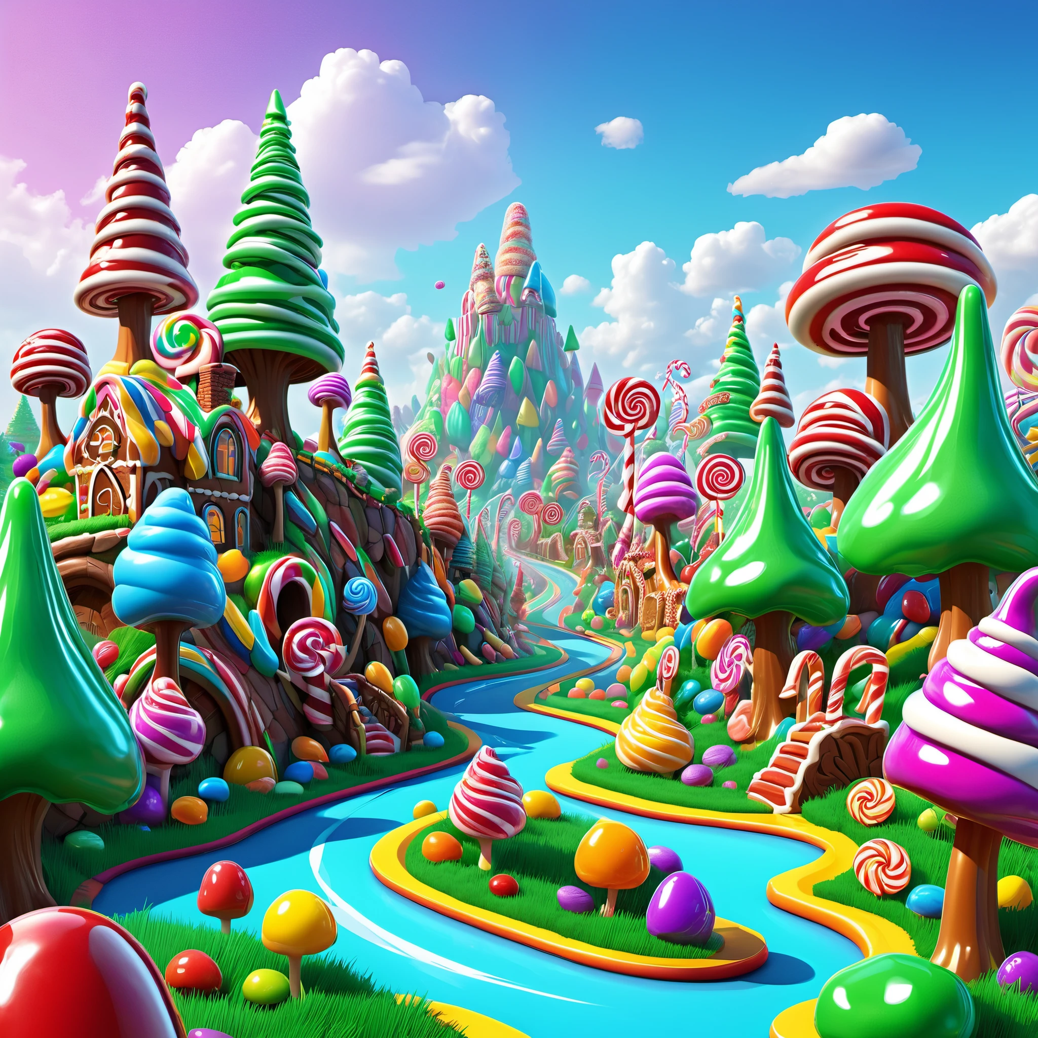 (candy land Explore a candy land realm filled with edible trees, where gumdrop mountains rise to dizzying heights, and the paths are paved with smooth, vibrant gummy bricks.), 8k octane render, high detail, masterpiece, hyperdetailed, intricate details