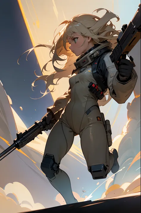 Angry sxy Blonde woman space ranger, dynamic running hunting, ultra dirty clothing, very dusty uniform and battle worn, full bod...