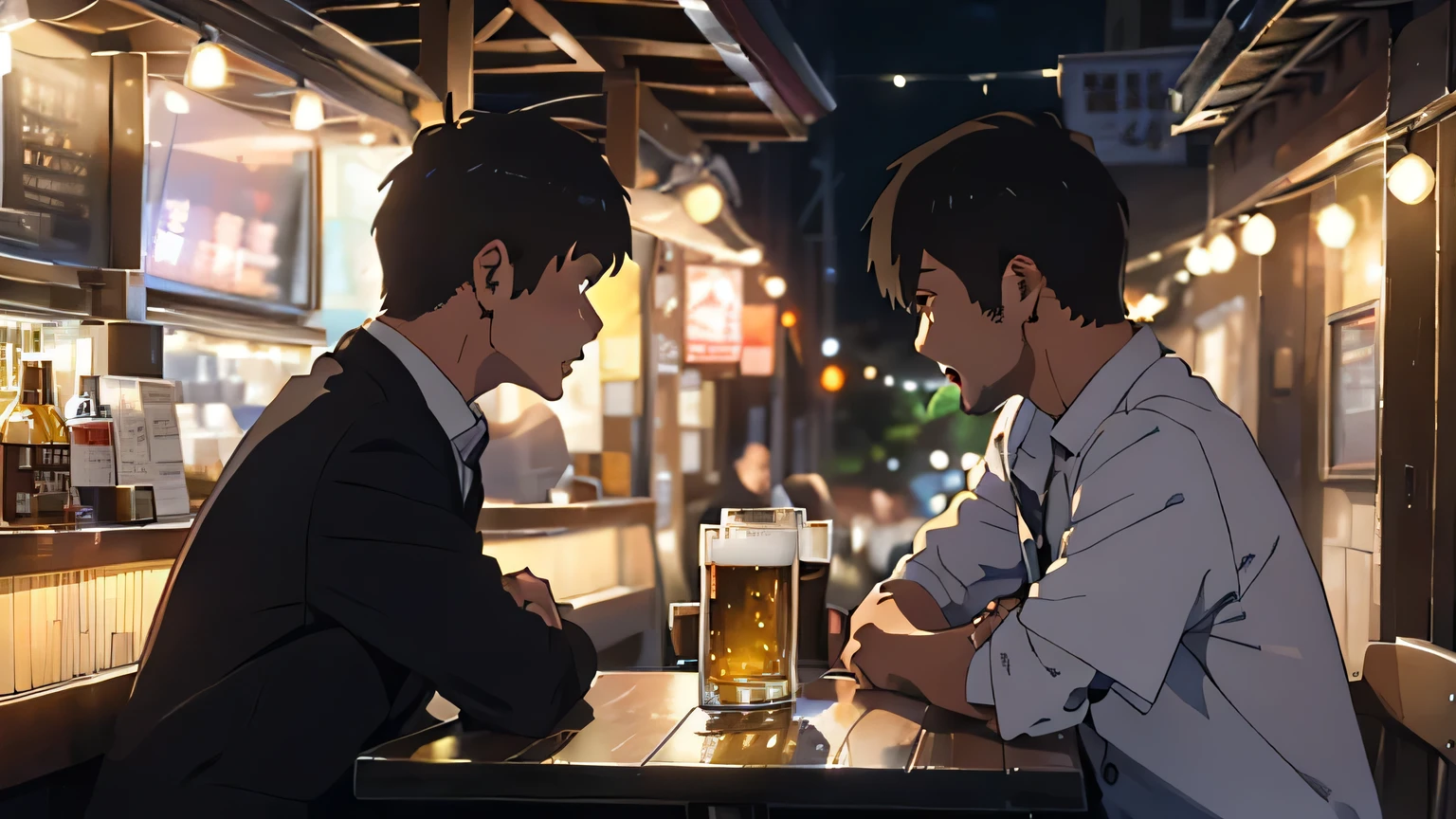 Anime characters sitting at a bar with beer in their hands - SeaArt AI