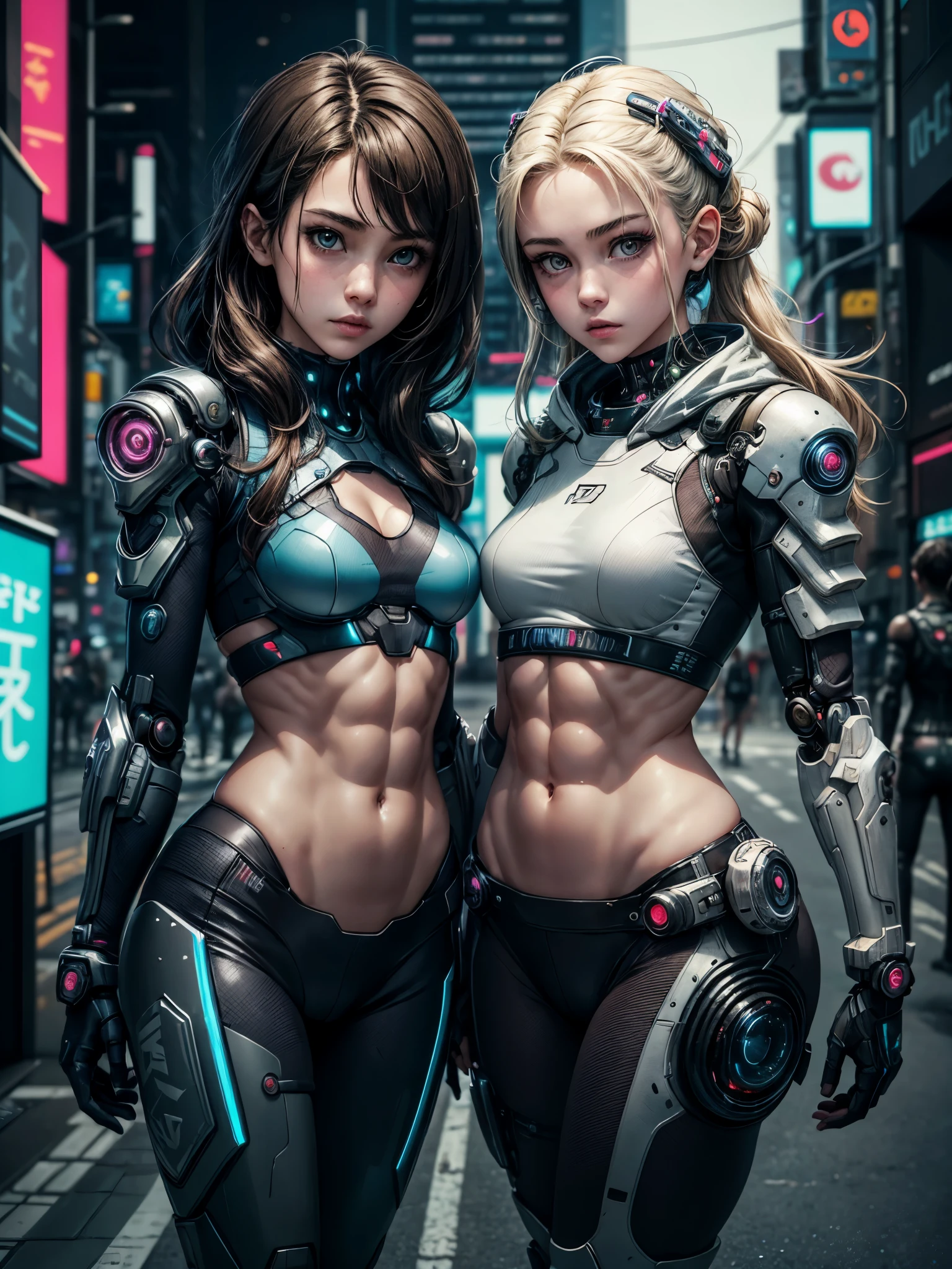 gute Qualität, Meisterwerk, zwei enge Freunde, Schöne Mädchen im Teenageralter, schlank, small schlank girls, süßes Mädchengesicht, cyberpunk, Trägt einen futuristischen Cyberpunk-Anzug mit taktischer Roboterrüstung und Ausschnitten, die die Bauchmuskeln zeigen, athletischer Körper, unschuldig, spielerisch, Berühmte Schauspielerinnen aus Japan, sehr schönes Gesicht