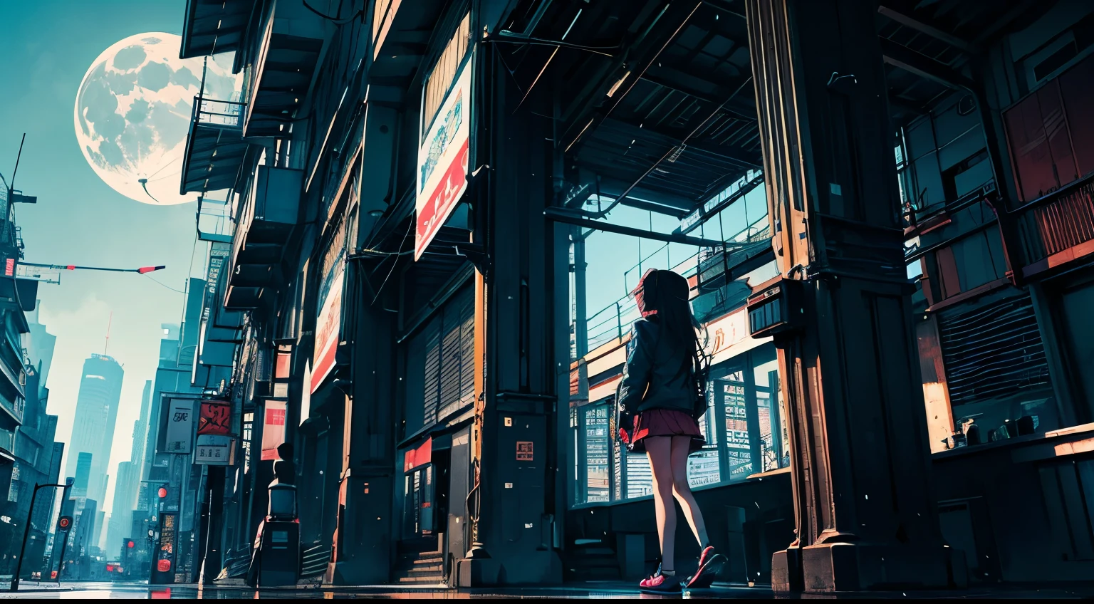 A girl&#39;s back view.Long haired girl looking towards Tokyo city. She is wearing a headset and listening to music. 写真はA girl&#39;s back view. Empty Moon. tall building, The building is lit up