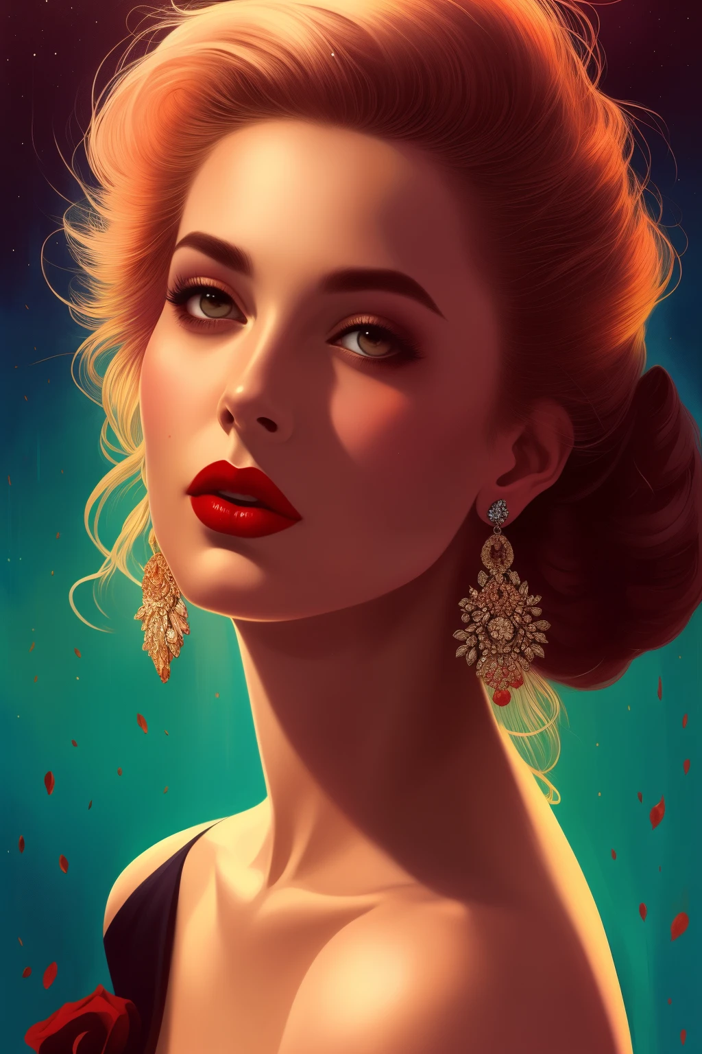 there is a woman with a tattoo on her chest and a red lipstick, martin ansin artwork portrait, stunning digital illustration, artstyle tom bagshaw, pinup art, stunning artwork, illustration art, by Galen Dara, artgerm and tom bagshaw, tom bagshaw style, rob rey and kentarõ miura style, art tom bagshaw, a ((film noir)) portrait painting of  looking at the camera with a subtle smile, she is wearing red lipstick and small black earrings and has bare shoulders and ((exposed breasts)),  shaft of light, by Gediminas Pranckevicius, Jean Giraud, Russ Mills, Carne Griffiths