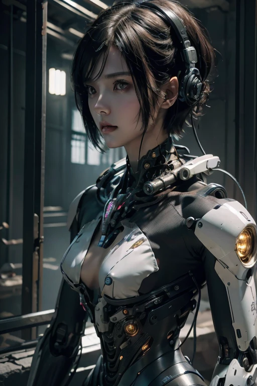 highest quality, masterpiece, ultra high resolution, ((realistic: 1.4), Raw photo, 1 Cyberpunk Android Girl, short hair,　(Super realistic details)), mechanical limbs, Tubes connected to mechanical parts, mechanical vertebrae attached to the spine, Mechanical cervical attachment to the neck, Wires and cables connecting to the head, Evangelion, ((ghost in the shell)), small glowing LED lamp, 8K, super sharp, Metal, intricate decorative details, baroque details, very intricate details, realistic light, CG Society Trend, looking at camera、 ruins background、HDR