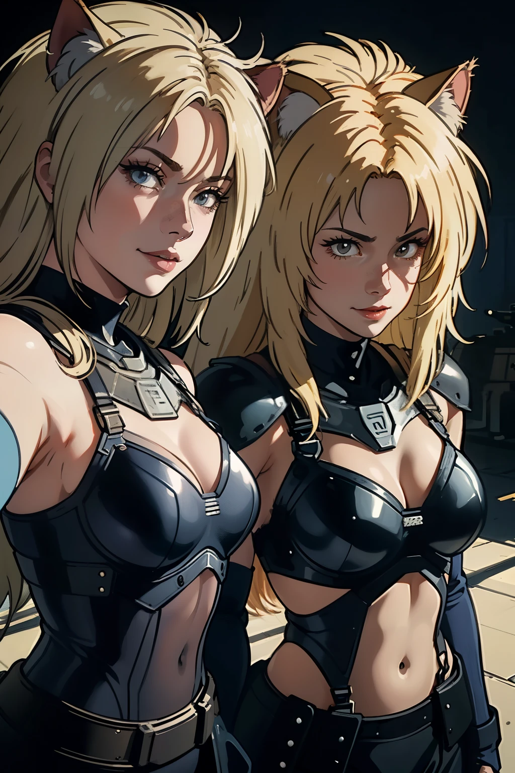 ((highest quality)), ((masterpiece)), (be familiar with), (High definition), 8K, perfect face、2 women、Two blonde women with cat ears standing side by side、(Smile)、(selfie:1.1)、tall、2 Blonde cat ears、2. Long Hair、2. Volumetric hair style、big breasts、constricted waist、big ass、glamorous、Glamorous、Bikini Protector、Armor、combat suit、combat boots、armed、Equipped with large firearms、Posing in front of a tank、cinematic、best shadow、side lighting、NEO TOKYO、(Close-up of two faces:1.3)