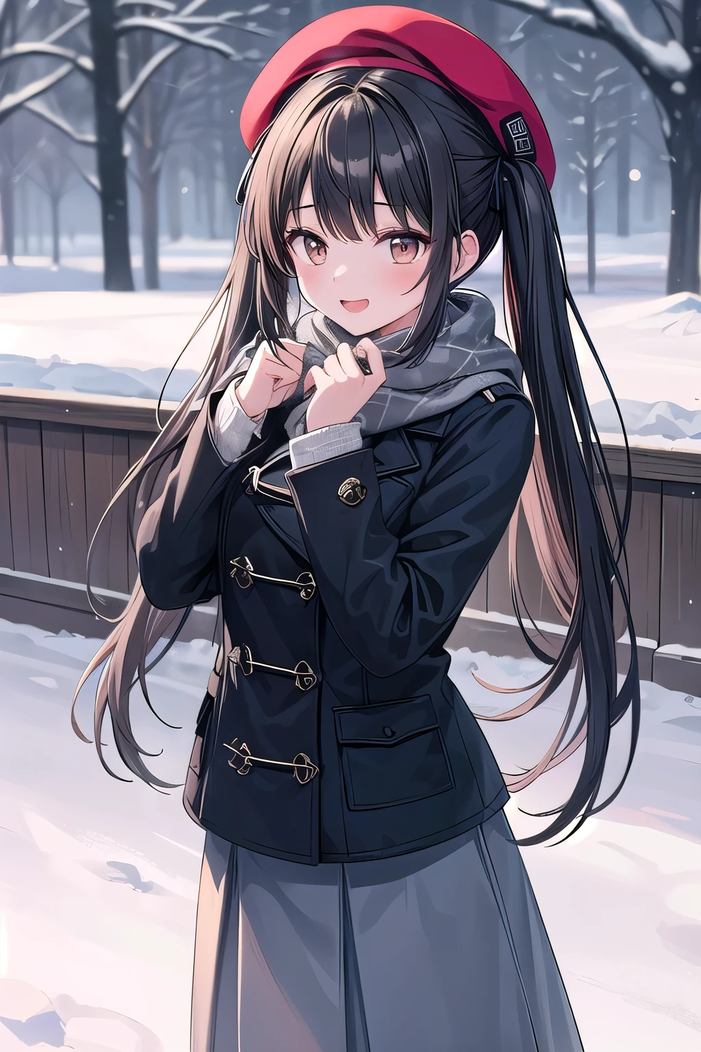 solo girl, 19 years old,long twin tail hair, black hair, brown eyes, medium breast, happy,pea coat,beret,fluffy scarf,maxi skirt ,outdoors, winter,snow, Best Quality, High resolution, Extremely detailed, Detailed background, Perfect Lighting