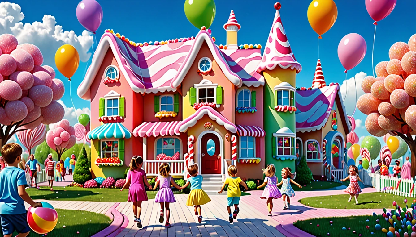 Children laughing and playing in a candy land with peanut brittle houses, gumdrop bushes, peppermint trees, and licorice animals. (best quality,4k,8k,highres,masterpiece:1.2), ultra-detailed, (realistic,photorealistic,photo-realistic:1.37), colorful, vivid, dream-like, whimsical, joyful, cheerful, playful, magical, sugary sweet, delightful scene, vibrant colors, sugar-coated, sugar rush, syrupy textures, candy-coated world, mouthwatering, sugary delight, sparkling candy, enchanting atmosphere, sweet aroma, enchanting, delightful, happy children, laughter, giggles, running, jumping, shouting, excitement, sparkling eyes, rosy cheeks, wide smiles, carefree, gleeful, high-energy, joyful playtime, endless fun, candy-filled paradise, sugary treats, lollipop flowers, chocolate rivers, cotton candy clouds, caramel paths, marshmallow clouds, sprinkles, confetti, colorful balloons, playful melodies, carnival atmosphere, chocolate-covered, candy cane lanes, gummy bear playground, icing-covered houses, sugary sculptures, tantalizing textures, childlike wonder, delightful surprises, magical moments, sugar-coated dreams, joyful memories, imaginative play, pure happiness.