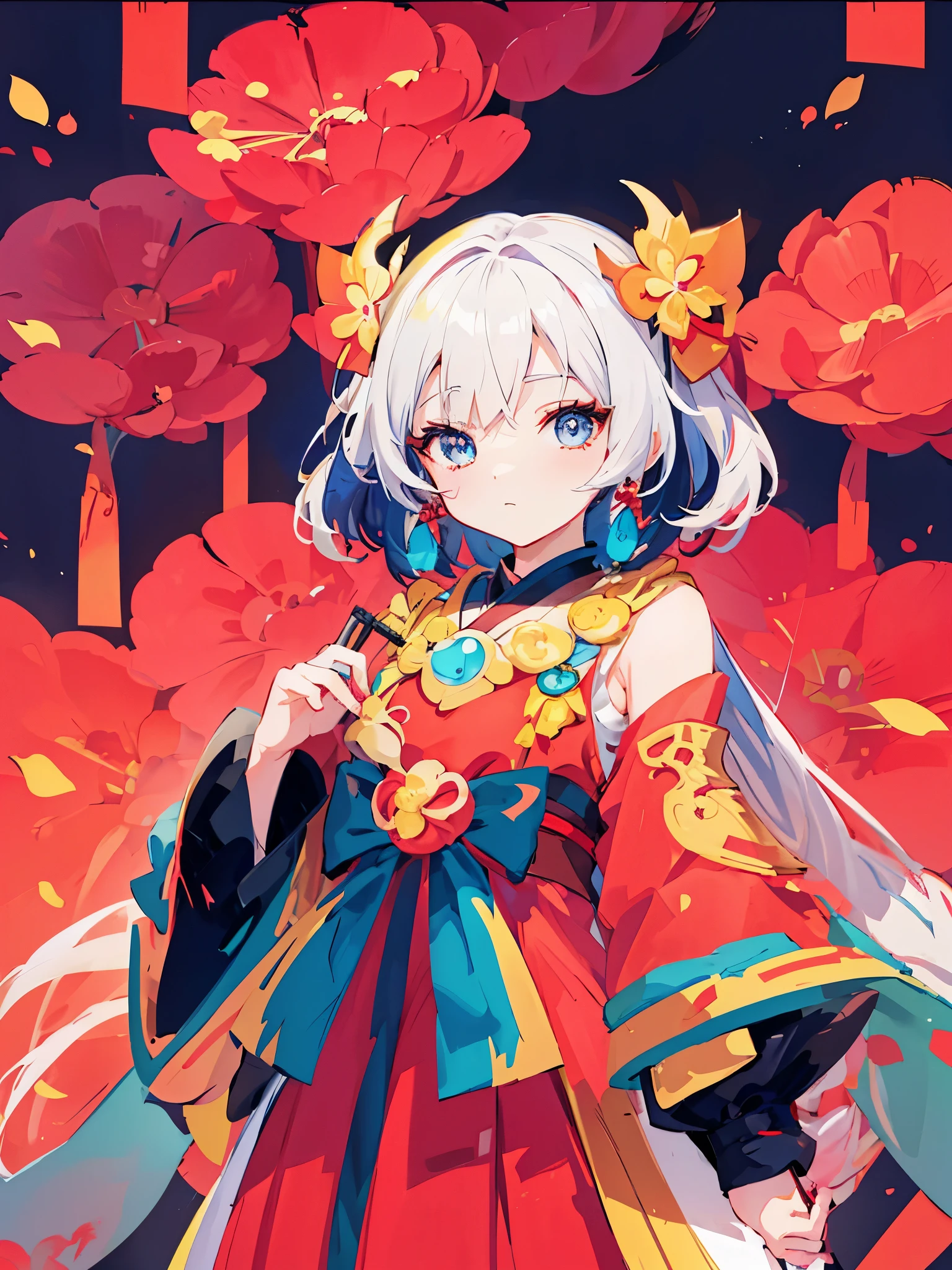 porter une robe rouge，Anime girl tenant un éventail, onmyoji, onmyoji detailed art, onmyoji portrait, Style animé 4K, fond d&#39;écran d&#39;art animé 8K, fond d&#39;écran animé 4k, fond d&#39;écran animé 4k, rossdraws dessin animé dynamique, éclaboussure d&#39;art animé , Style artistique mignon d&#39;anime, Illustration d&#39;animation numérique