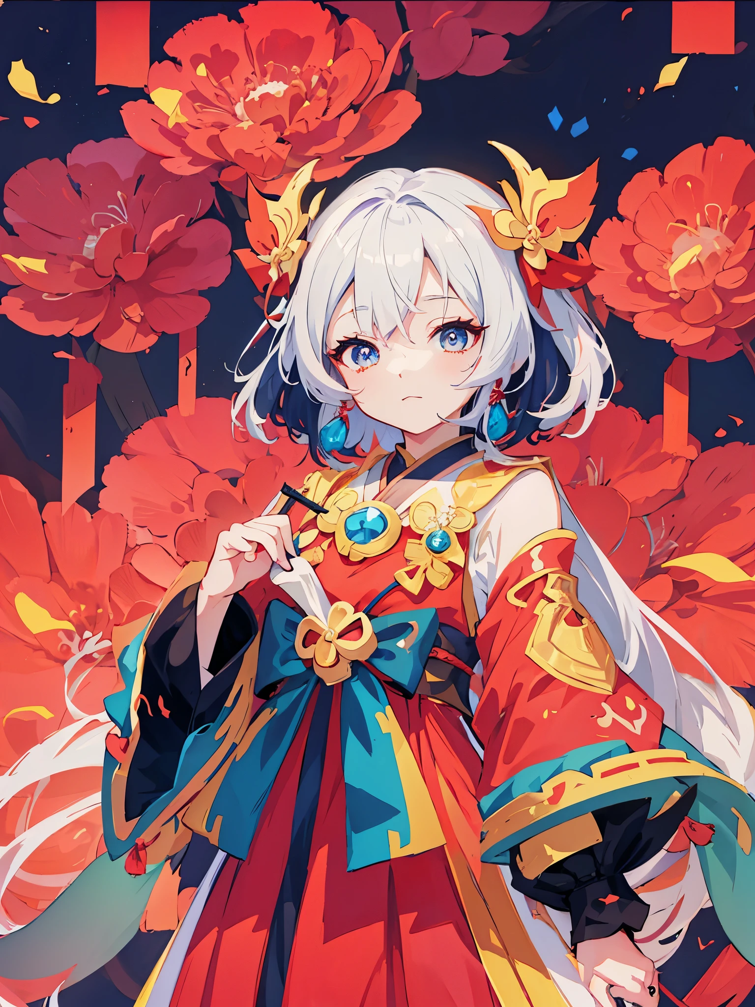 赤いドレスを着て，扇子を持ったアニメの女の子, onmyoji, onmyoji detailed art, onmyoji portrait, アニメスタイル 4k, アニメアート壁紙 8K, アニメアート壁紙 4k, アニメアート壁紙 4k, rossdraws 漫画 活気のある, スプラッシュアートアニメ , アニメのかわいいアートスタイル, デジタルアニメのイラスト