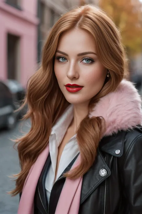 A close-up portrait of a gorgeous, beautiful, stunning russian woman wearing a classy outfit: a black belted leather trench coat...