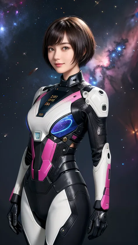 208 Short Hair, 20 year old female, Floral, gentle smile, futuristic clothes, mechanical suit, (The background is a galaxy and n...