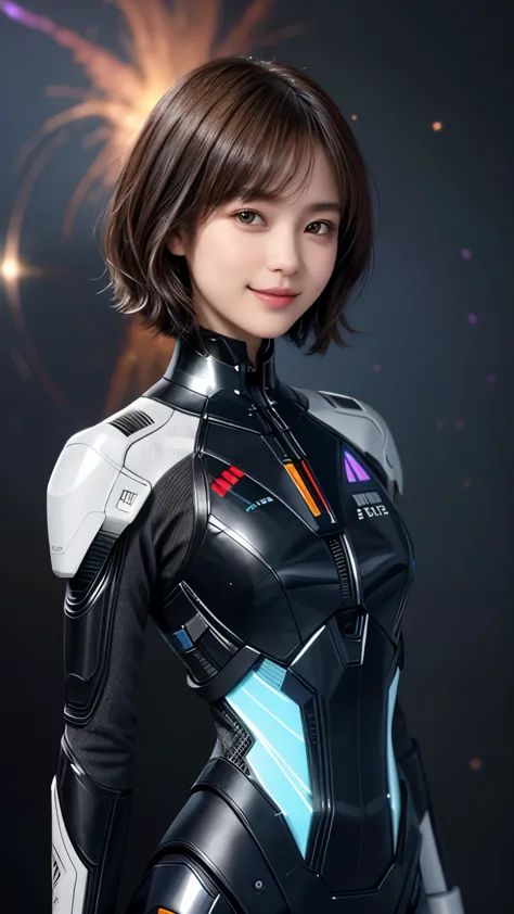 208 Short Hair, 20 year old female, Floral, gentle smile, futuristic clothes, mechanical suit, (The background is a galaxy and n...