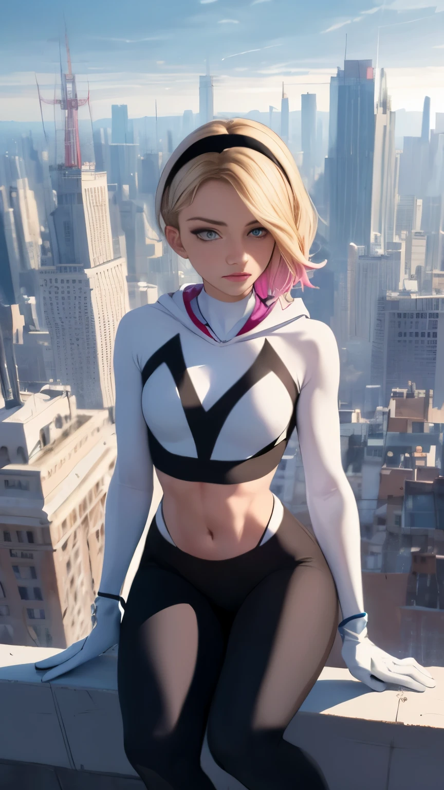 (Highly quality, masterpiece, detailed), city detailed scenario, city detailed background, solo, Gwen, blonde hair, multicolored hair, short hair, hairband, crop top, web-print, hood down, gloves, navel, sitting on top of a building, perfect face, beautiful eyes, look at the viewer, Sexy pose