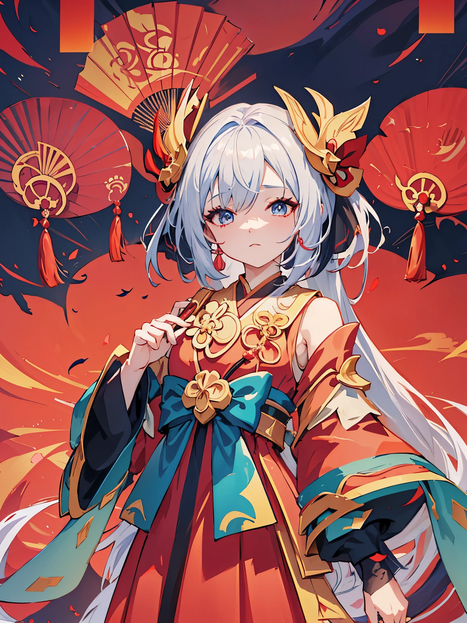 wearing red dress，Anime girl holding a fan, Onmyoji, Onmyoji detailed art, Onmyoji portrait, anime style 4k, anime art wallpaper 8k, anime art wallpaper 4k, Anime Art Wallpaper 4k, rossdraws cartoon vibrant, Splash art anime , Anime cute art style, Digital animation illustration