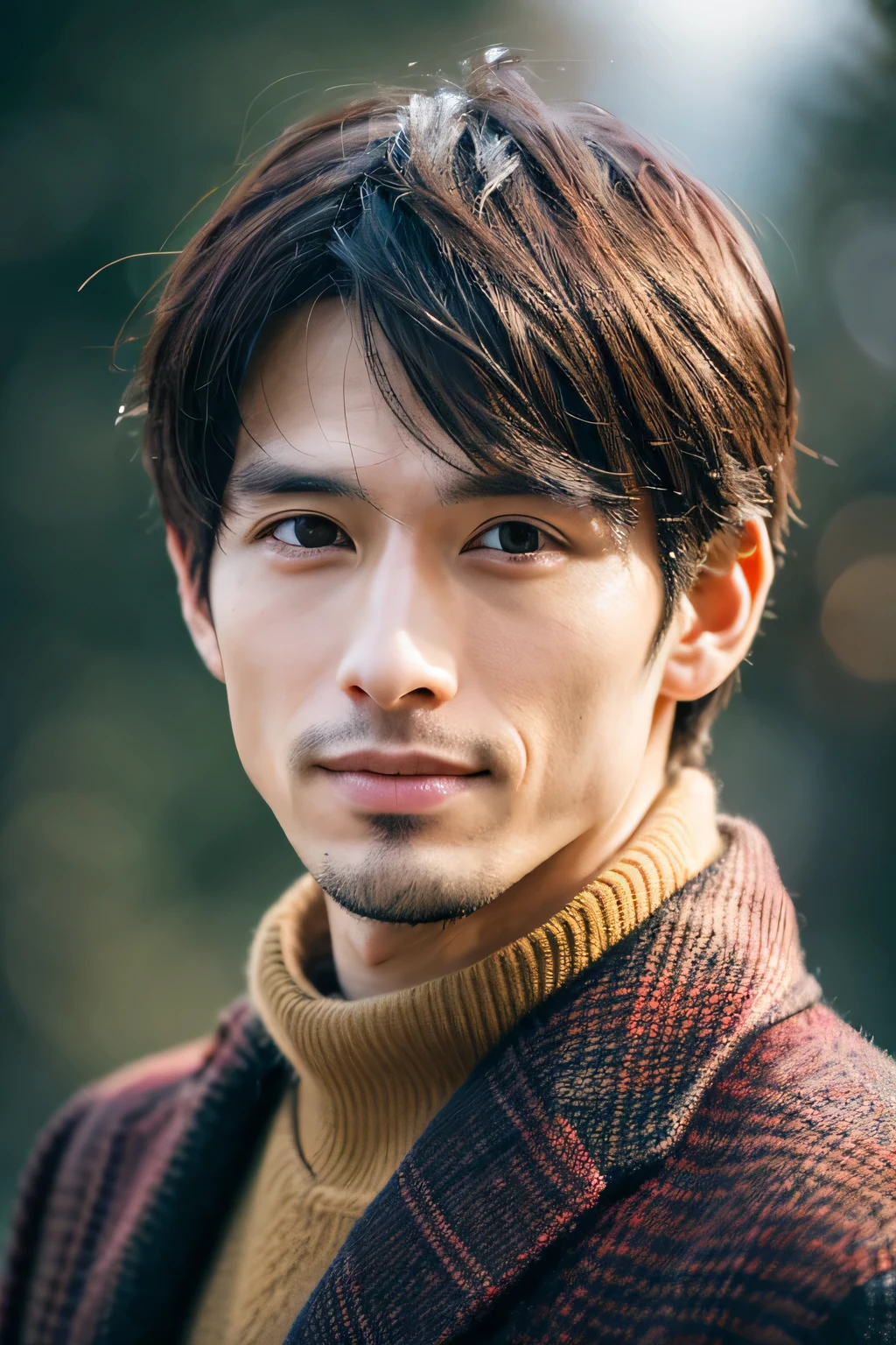 photoréaliste, Portrait en pied 8k, beau, un homme à 2, Une expression charmante que mêle Yutaka Takenouchi, détails détaillés du visage, Ville de Tokyo, hiver, Sur fond de nature