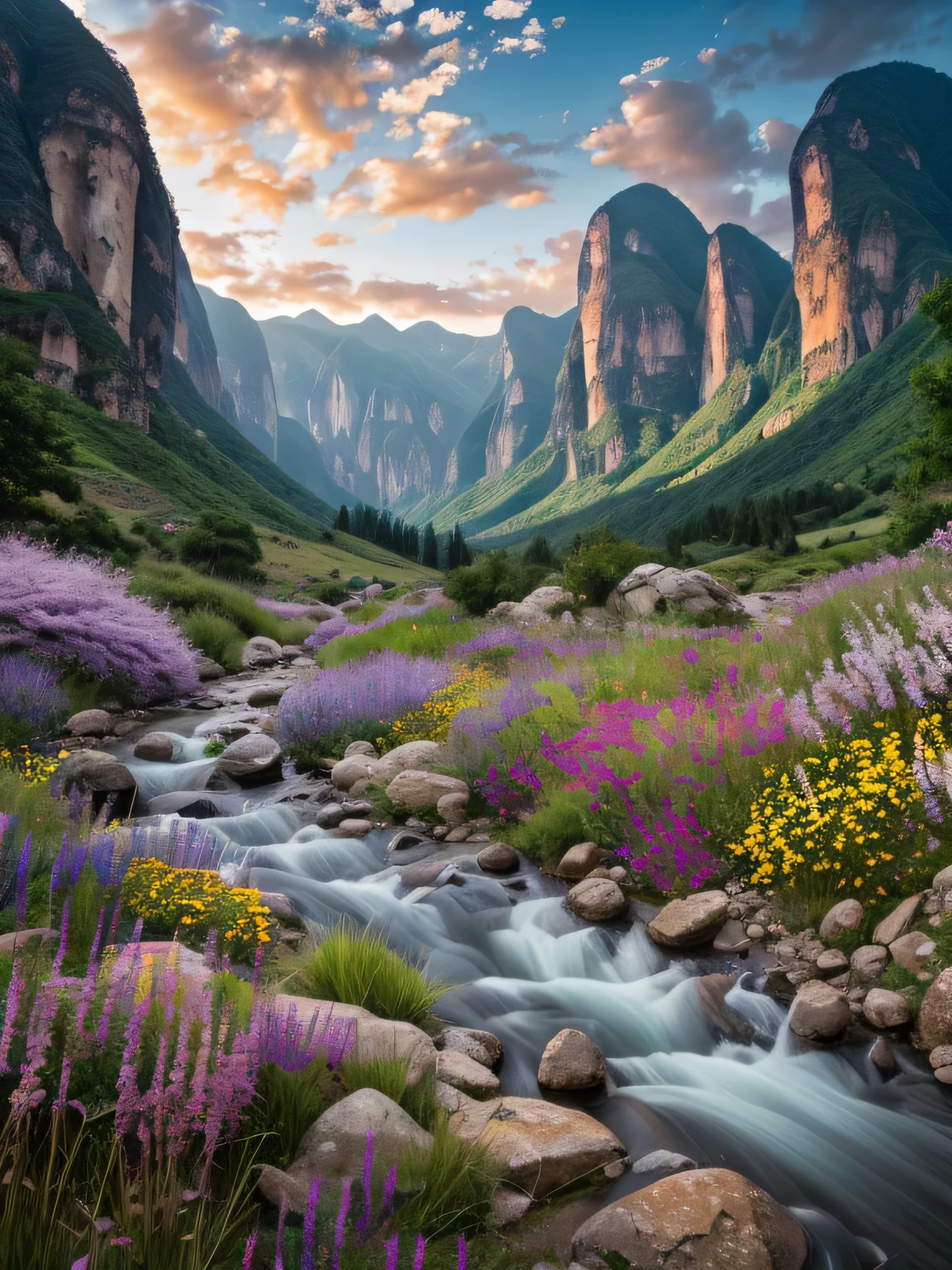 painting of a vale with a stream running through it, in a vale, vale, lush vale, lovely vale, cenário deslumbrante, vast lush vale flowers, cenário deslumbrante, cenário deslumbrante, cenário tranquilo, paisagens épicas e bonitas, cenário bonito, Fabulosa Huashan, pintura 4k detalhada, Pintura digital com resolução 8k, Resolução digital 8k, Paisagem de arte de fantasia