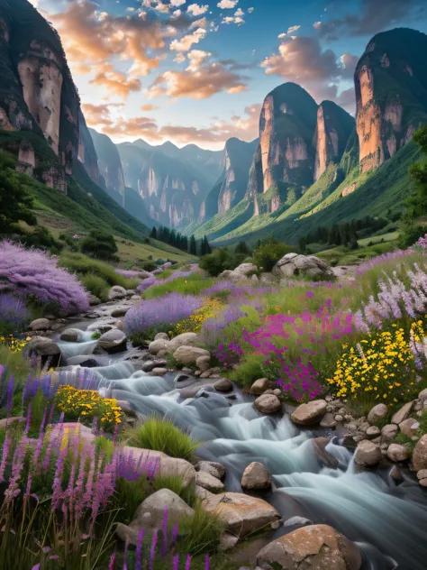 painting of a valley with a stream running through it, in a valley, valley, lush valley, lovely valley, stunning scenery, vast l...