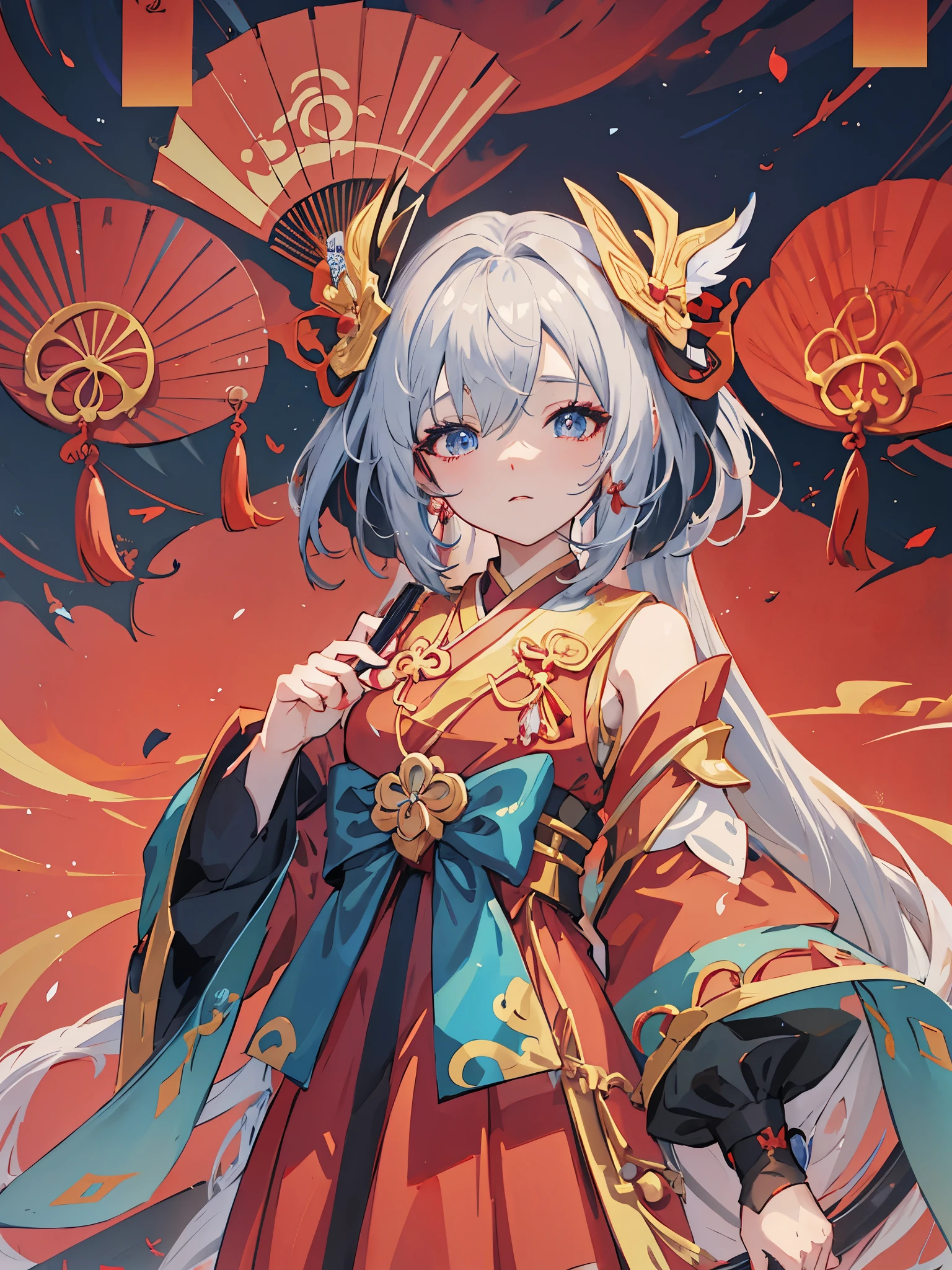 wearing red dress，Anime girl holding a fan, Onmyoji, Onmyoji detailed art, Onmyoji portrait, anime style 4k, anime art wallpaper 8k, anime art wallpaper 4k, Anime Art Wallpaper 4k, rossdraws cartoon vibrant, Splash art anime , Anime cute art style, Digital animation illustration