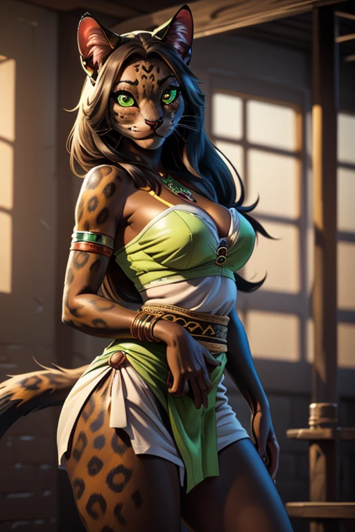 ((super high quality)), ((master piece)), girl khajiit, shinobi girl, artificial cat, furry cat, ((Only cat ears, There is no other)), ((there&#39;s a cat there&#39;short fluffy tail on the back)), ((face clean)), beautiful cute face, beautiful woman&#39;s lips, charming beauty, ((stern look)), Close your eyes and look at the camera, ((Dark skin color, black leopard)), ((dark skin color)), body glare, ((detailed beautiful female eyes)), ((yellow-green eyes)), beautiful woman&#39;s hands, ((perfect woman image)), Ideal female body type, beautiful waist, big thighs, ((delicate and beautiful)), has a fascinating value, epic stance ((close up of face)), ((Indigenous clothing,Revealing clothing, sexy tribal clothing, sexy cleavage), background: prison, prison, night, ((Depth of the bounds written)), ((High quality and clear images)), ((vivid details)), ((very detailed)), realistic, Professional photography session, ((clear focus)), ((comics)), anime, NSFW