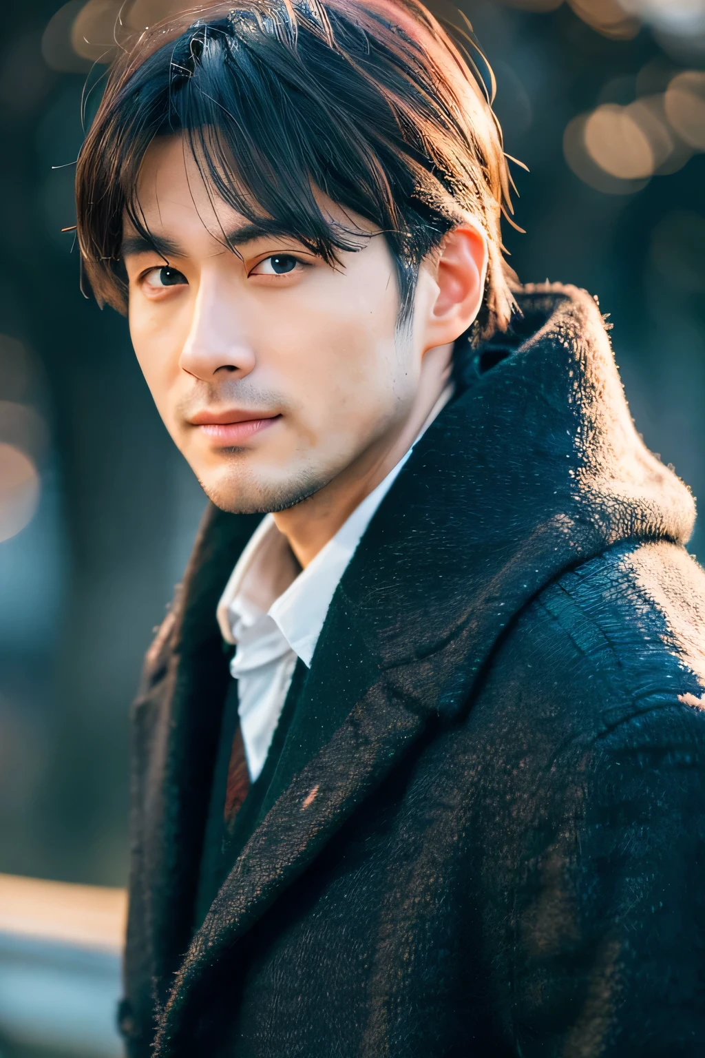 photoréaliste, Portrait en pied 8k, beau, un homme à 2, Une expression séduisante qui mêle Atsuro Watanabe, détails détaillés du visage, Ville de Tokyo, hiver, Sur fond de nature