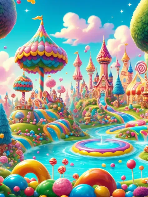 (candyland:1.3), (amusement park made of candy:1.3), magical forest, colorful candy towers, glistening rooftops, rainbow bridge,...