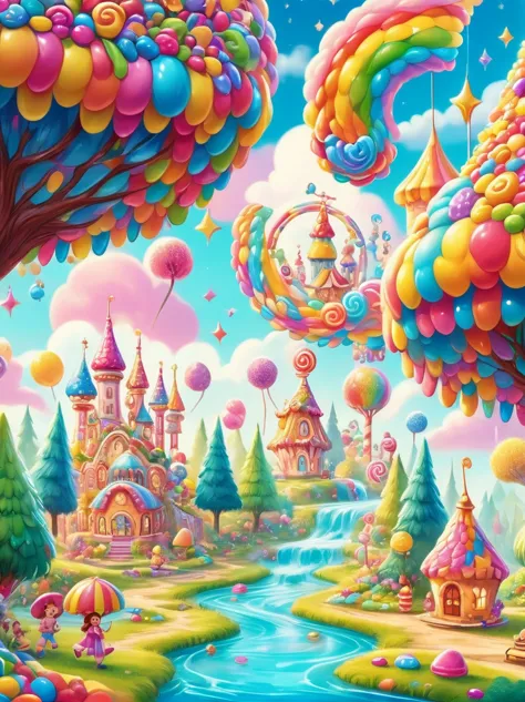 (candyland:1.3), (amusement park made of candy:1.3), magical forest, colorful candy towers, glistening rooftops, rainbow bridge,...