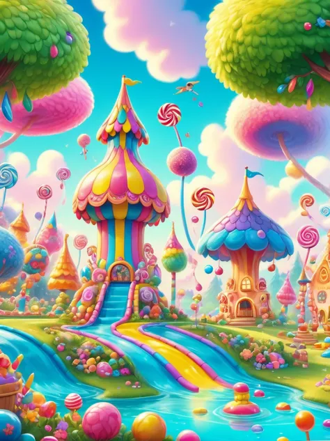 (candyland:1.3), (amusement park made of candy:1.3), magical forest, colorful candy towers, glistening rooftops, rainbow bridge,...