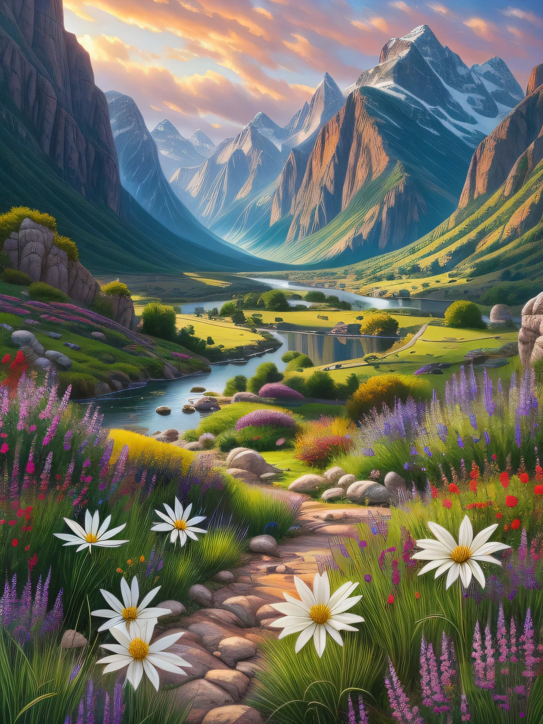 Painting of a valley with flowers and mountains in the background, Mark Adams, in a valley, Beautiful digital painting, peaceful scenery, Gorgeous digital painting, stunning scenery, majestic natural scenery, Stunning digital paintings, dreamy scenery, fantasy art landscape, 8K resolution digital painting, 8k resolution digital, magical scenery, Beautiful oil painting matte painting, epic beautiful scenery