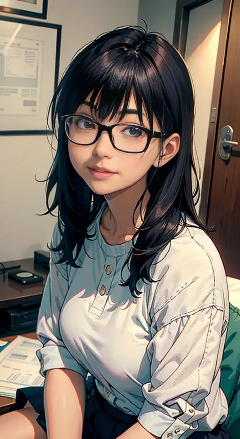 arafed asian woman with glasses sitting on a bed, with glasses, with square glasses, neat hair with bangs, wore glasses, with gl...