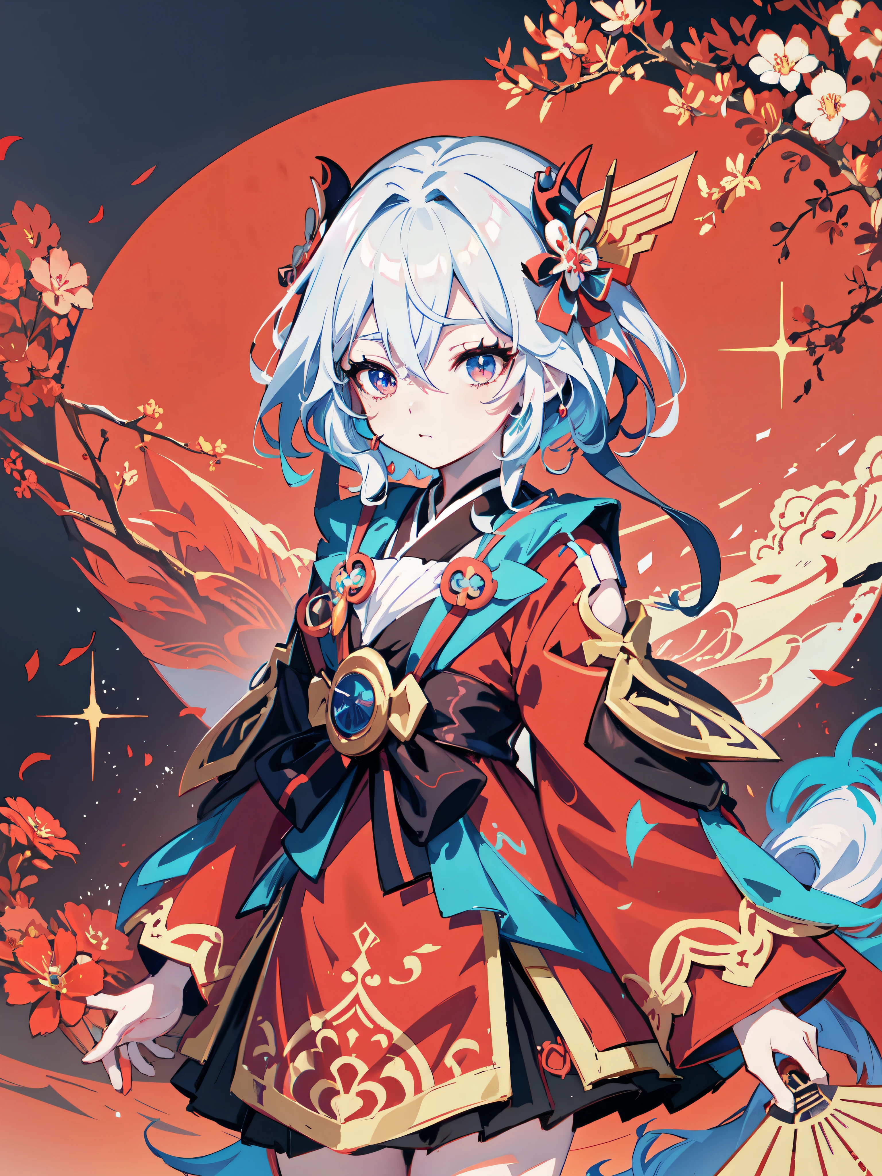 vistiendo un vestido rojo、sosteniendo un abanico、Chica anime sobre fondo rojo, estilo anime 4k, fondo de pantalla de arte anime 8k, onmyoji, onmyoji portrait, onmyoji detailed art, fondo de pantalla de arte anime 4k, fondo de pantalla de arte anime 4k, salpicadura de anime , lindo anime waifu con ropa hermosa, arte cero, arte digital en pixiv