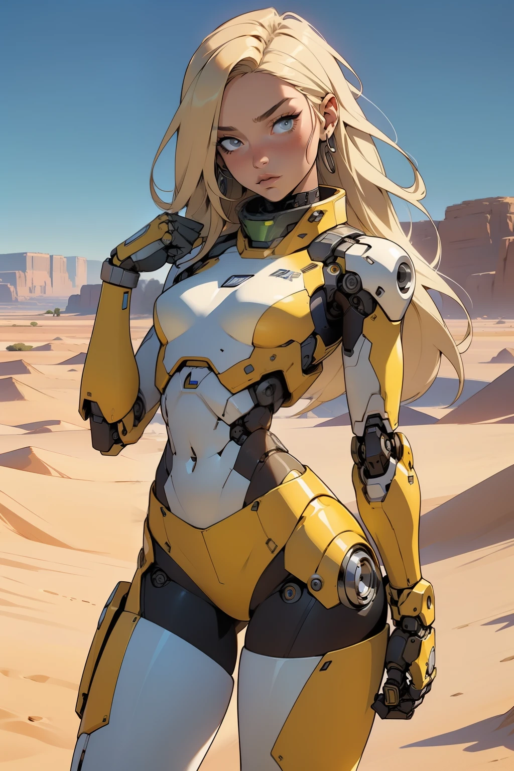 high quality, 4k, masterpiece, beautiful, cyborg girl, cowboy shot, dull eyes, front, looking at viewer, long blonde hair, girl, small breasts, fit thighs, robotic arms, robotic body, cyborg body, yellow & white uniform, red accent, intricate detail, joint, detailed lines, robotic detail, holding fist up, holding hand up as fist, color robotic parts, robotic parts with color, perfect fingers, on a desert planet, sunny background, colorful desert, a river or a lake in the background, slender thighs, skinny thighs,