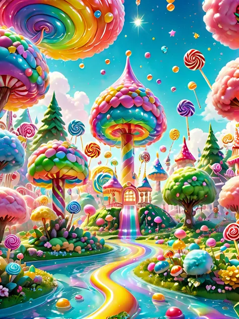 candyland,  Amusement park made of candy, magical forest, colorful candy towers, glistening rooftops, rainbow bridge, honey rive...