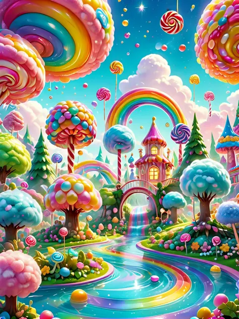 candyland,  Amusement park made of candy, magical forest, colorful candy towers, glistening rooftops, rainbow bridge, honey rive...