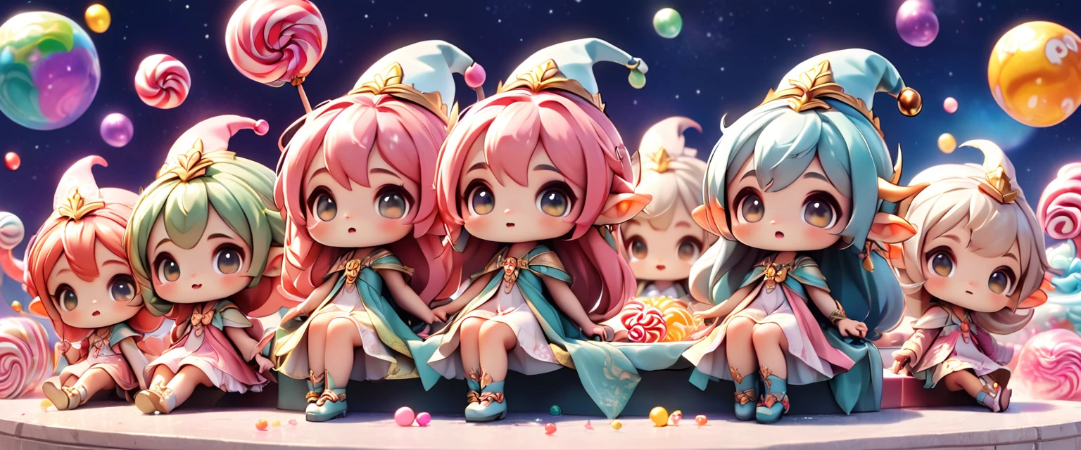 (long shot:2.0),(wide shot:2.0),#quality(8k,wallpaper of extremely detailed CG unit, ​masterpiece,hight resolution,top-quality,top-quality real texture skin,hyper realisitic,increase the resolution,RAW photos,best qualtiy,highly detailed,the wallpaper),(many chibi elves are living on the huge candy), BREAK ,#many elves(chibi,cute, kawaii,small kid,hair color random,hatted,eye color random,big eyes,everyone so happy), BREAK ,#background(huge candy is a small planet,many chibi elves living on the huge candy,they make houses by candy too,elves looks so small from far above:2.0),very cute image,