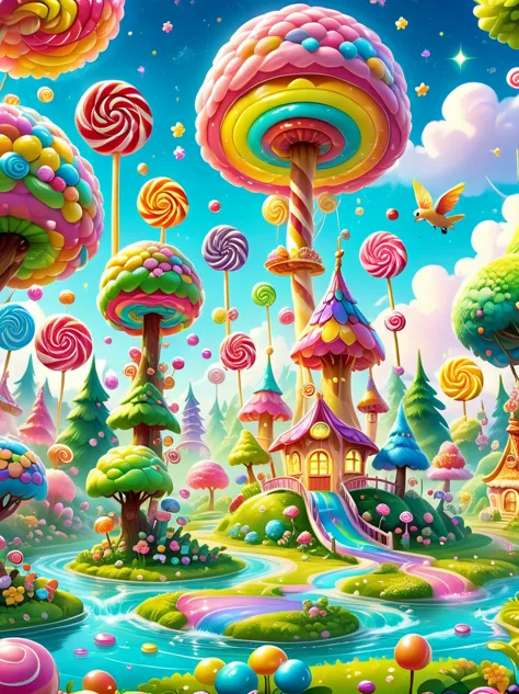 The dreamy candy paradise is set in a vast magical forest，Colorful candies tower like buildings，The candy roof shines brightly，R...